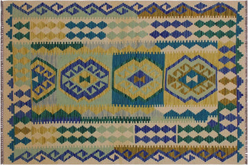 Flat Weave Kilim, Antique, Navaho, Vintage, Handmade, Geometric Kilim Beige Blue Hand-Woven Rectangle 100% Wool Area Rug 4 x 5